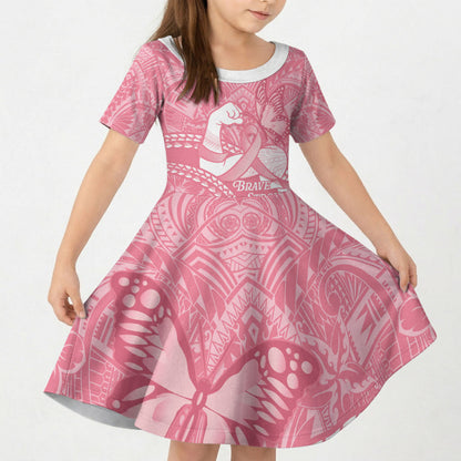 Personalised Polynesia Breast Cancer Support Kid Short Sleeve Dress Brave Strong Butterfly Pink Ribbon