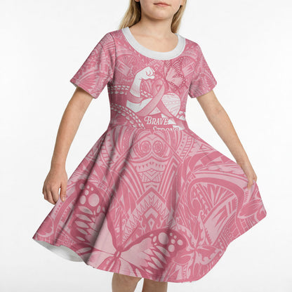 Personalised Polynesia Breast Cancer Support Kid Short Sleeve Dress Brave Strong Butterfly Pink Ribbon