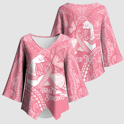 Personalised Polynesia Breast Cancer Support Kimono Sleeve Blouse Brave Strong Butterfly Pink Ribbon