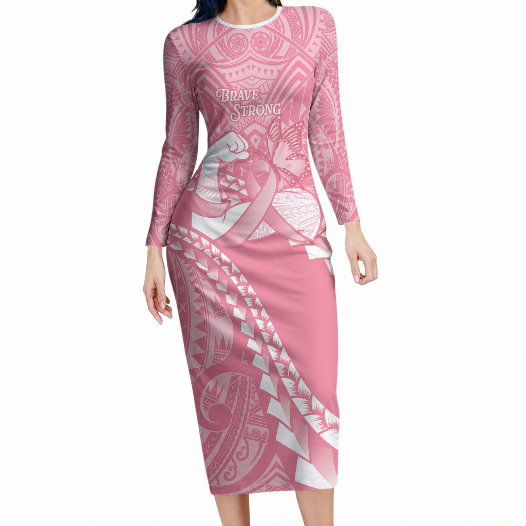 Personalised Polynesia Breast Cancer Support Long Sleeve Bodycon Dress Brave Strong Butterfly Pink Ribbon