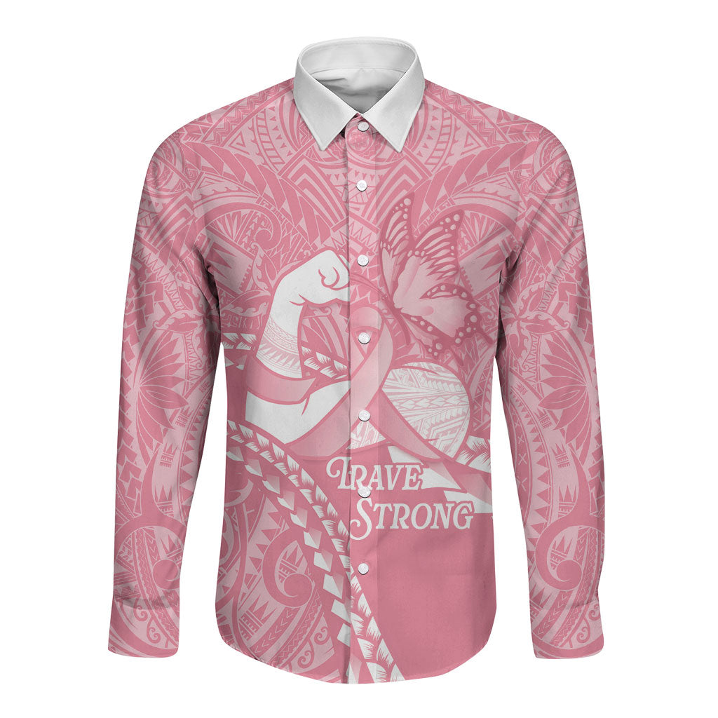Personalised Polynesia Breast Cancer Support Long Sleeve Button Shirt Brave Strong Butterfly Pink Ribbon