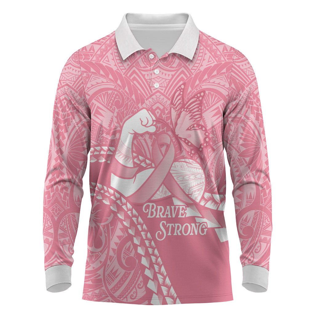 Personalised Polynesia Breast Cancer Support Long Sleeve Polo Shirt Brave Strong Butterfly Pink Ribbon