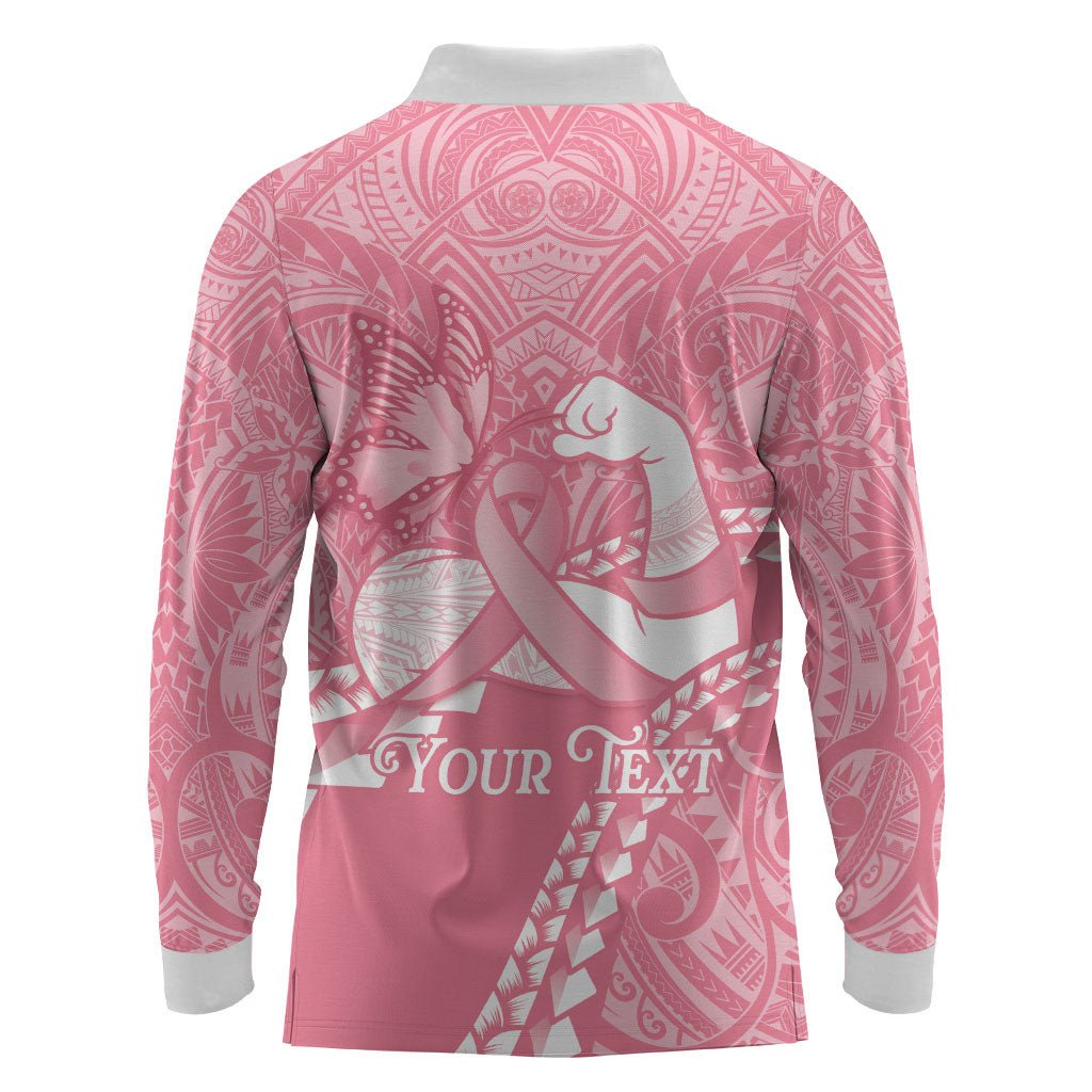 Personalised Polynesia Breast Cancer Support Long Sleeve Polo Shirt Brave Strong Butterfly Pink Ribbon