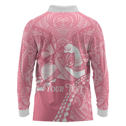 Personalised Polynesia Breast Cancer Support Long Sleeve Polo Shirt Brave Strong Butterfly Pink Ribbon