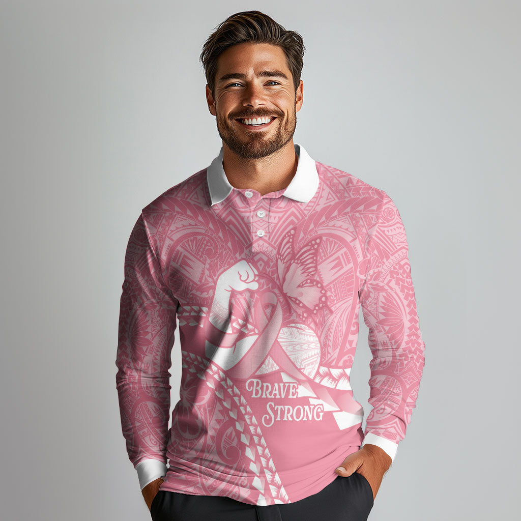 Personalised Polynesia Breast Cancer Support Long Sleeve Polo Shirt Brave Strong Butterfly Pink Ribbon