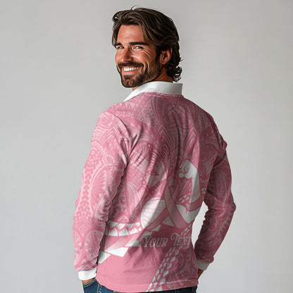 Personalised Polynesia Breast Cancer Support Long Sleeve Polo Shirt Brave Strong Butterfly Pink Ribbon