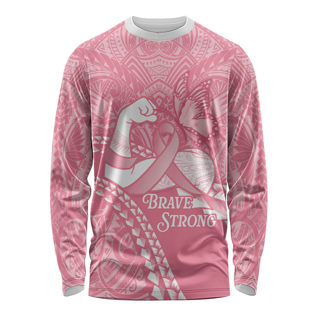 Personalised Polynesia Breast Cancer Support Long Sleeve Shirt Brave Strong Butterfly Pink Ribbon