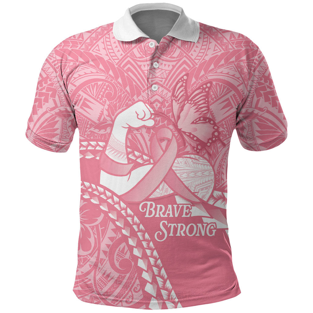 Personalised Polynesia Breast Cancer Support Polo Shirt Brave Strong Butterfly Pink Ribbon