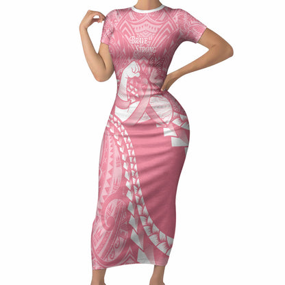 Personalised Polynesia Breast Cancer Support Short Sleeve Bodycon Dress Brave Strong Butterfly Pink Ribbon