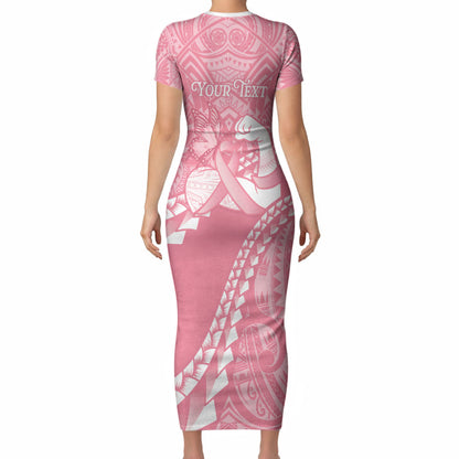 Personalised Polynesia Breast Cancer Support Short Sleeve Bodycon Dress Brave Strong Butterfly Pink Ribbon