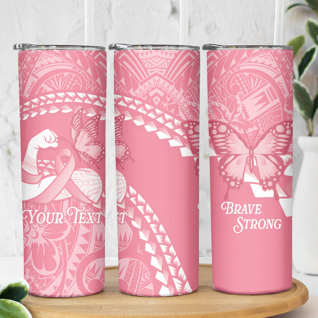 Personalised Polynesia Breast Cancer Support Skinny Tumbler Brave Strong Butterfly Pink Ribbon