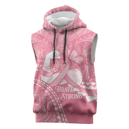 Personalised Polynesia Breast Cancer Support Sleeveless Hoodie Brave Strong Butterfly Pink Ribbon