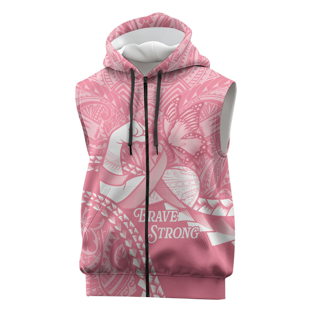 Personalised Polynesia Breast Cancer Support Sleeveless Zip Hoodie Brave Strong Butterfly Pink Ribbon