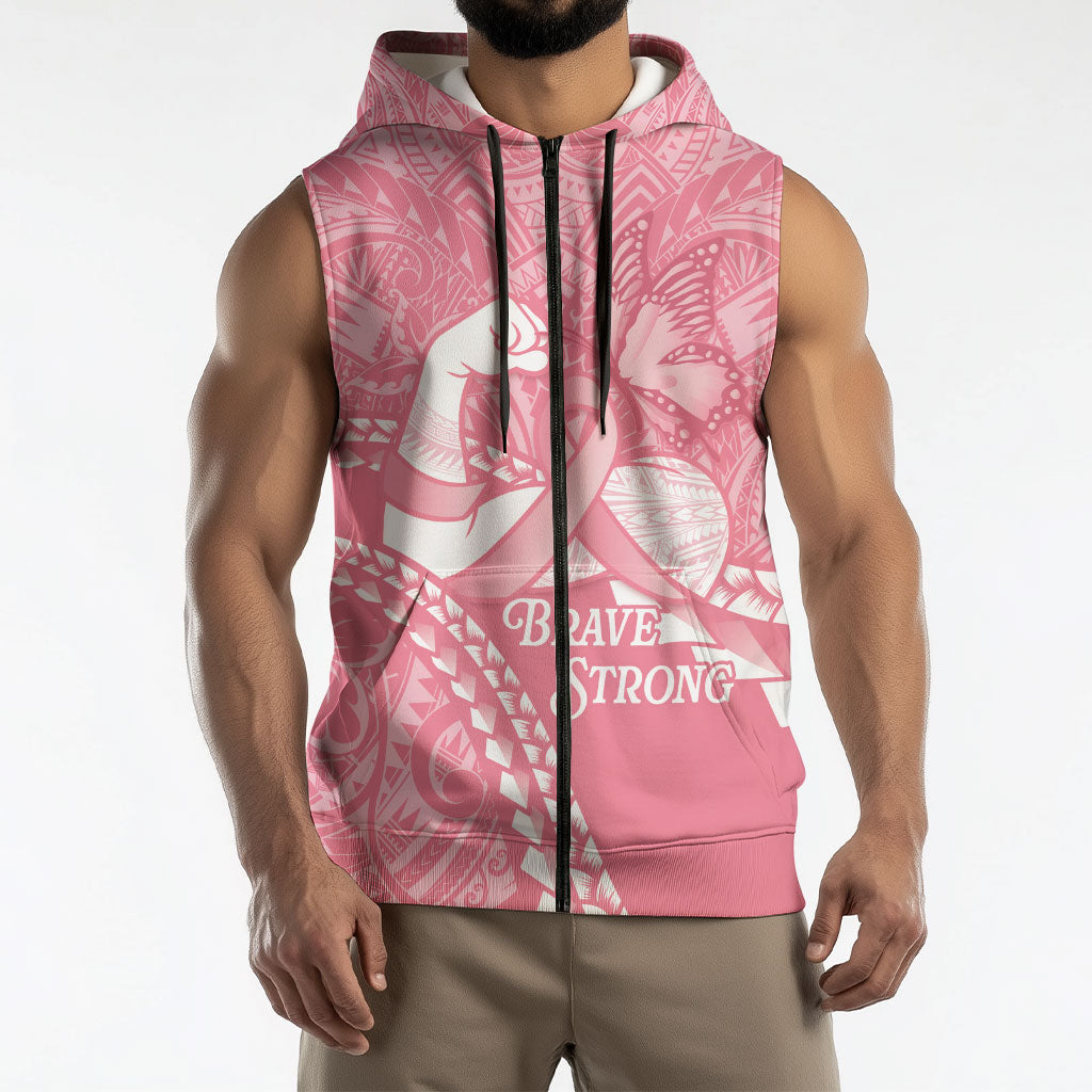 Personalised Polynesia Breast Cancer Support Sleeveless Zip Hoodie Brave Strong Butterfly Pink Ribbon
