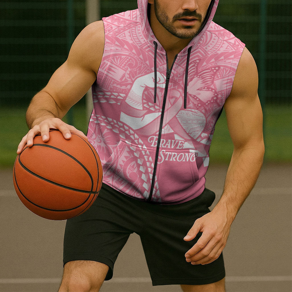 Personalised Polynesia Breast Cancer Support Sleeveless Zip Hoodie Brave Strong Butterfly Pink Ribbon