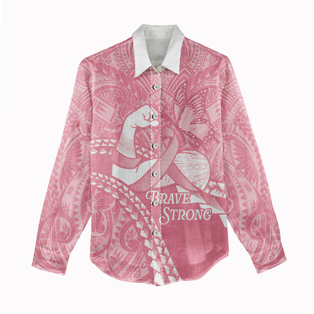 Personalised Polynesia Breast Cancer Support Women Casual Shirt Brave Strong Butterfly Pink Ribbon