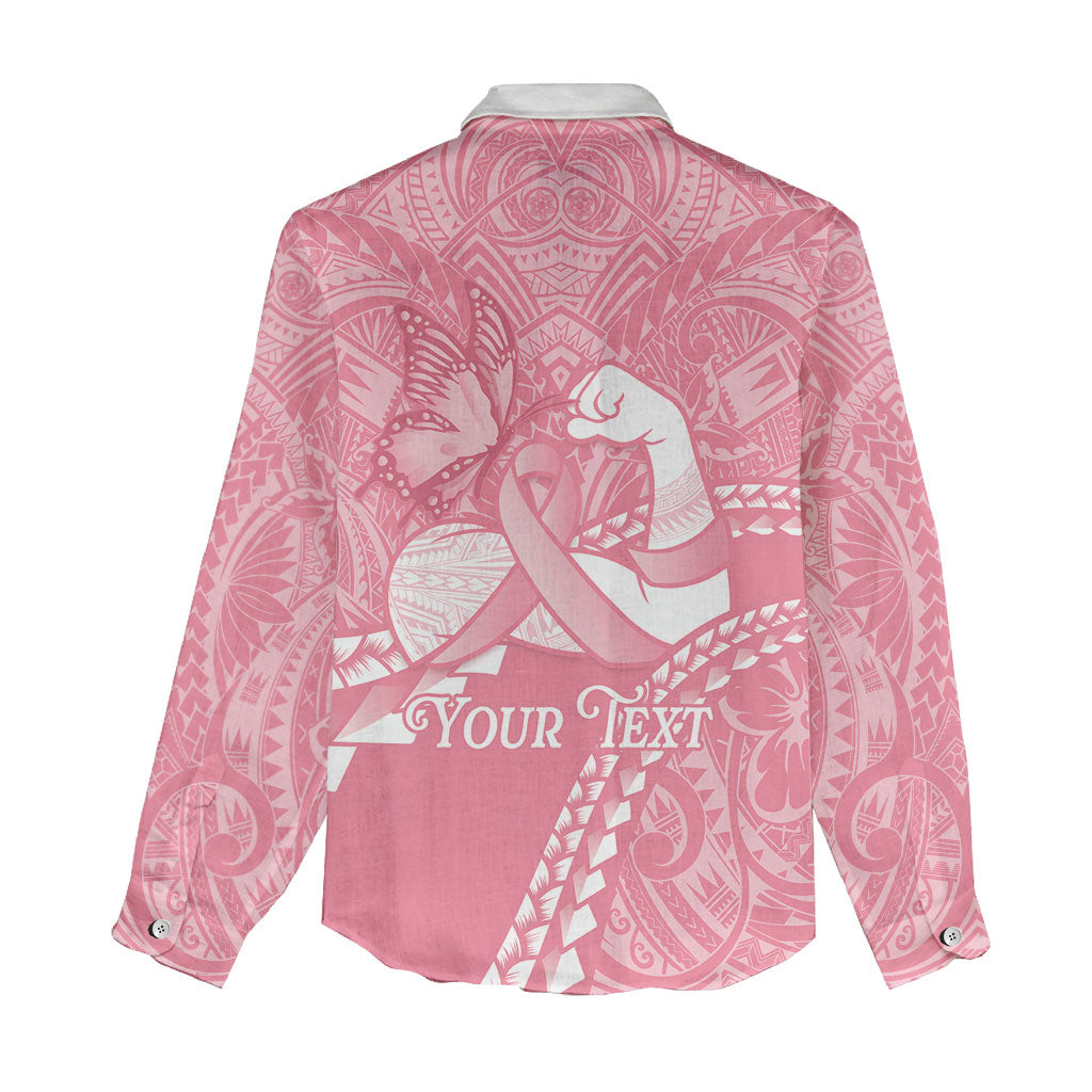 Personalised Polynesia Breast Cancer Support Women Casual Shirt Brave Strong Butterfly Pink Ribbon