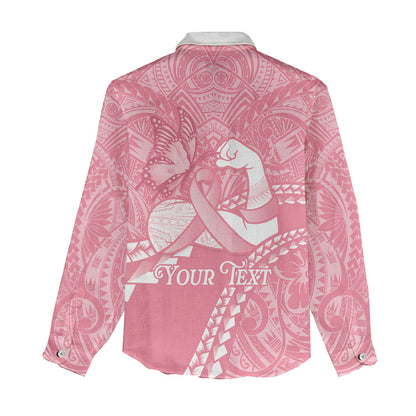 Personalised Polynesia Breast Cancer Support Women Casual Shirt Brave Strong Butterfly Pink Ribbon
