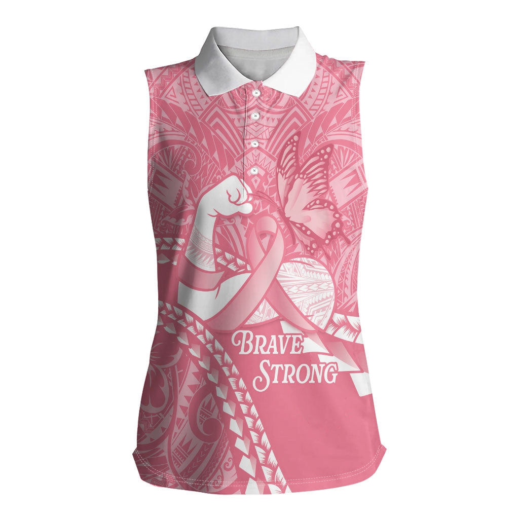 Personalised Polynesia Breast Cancer Support Women Sleeveless Polo Shirt Brave Strong Butterfly Pink Ribbon