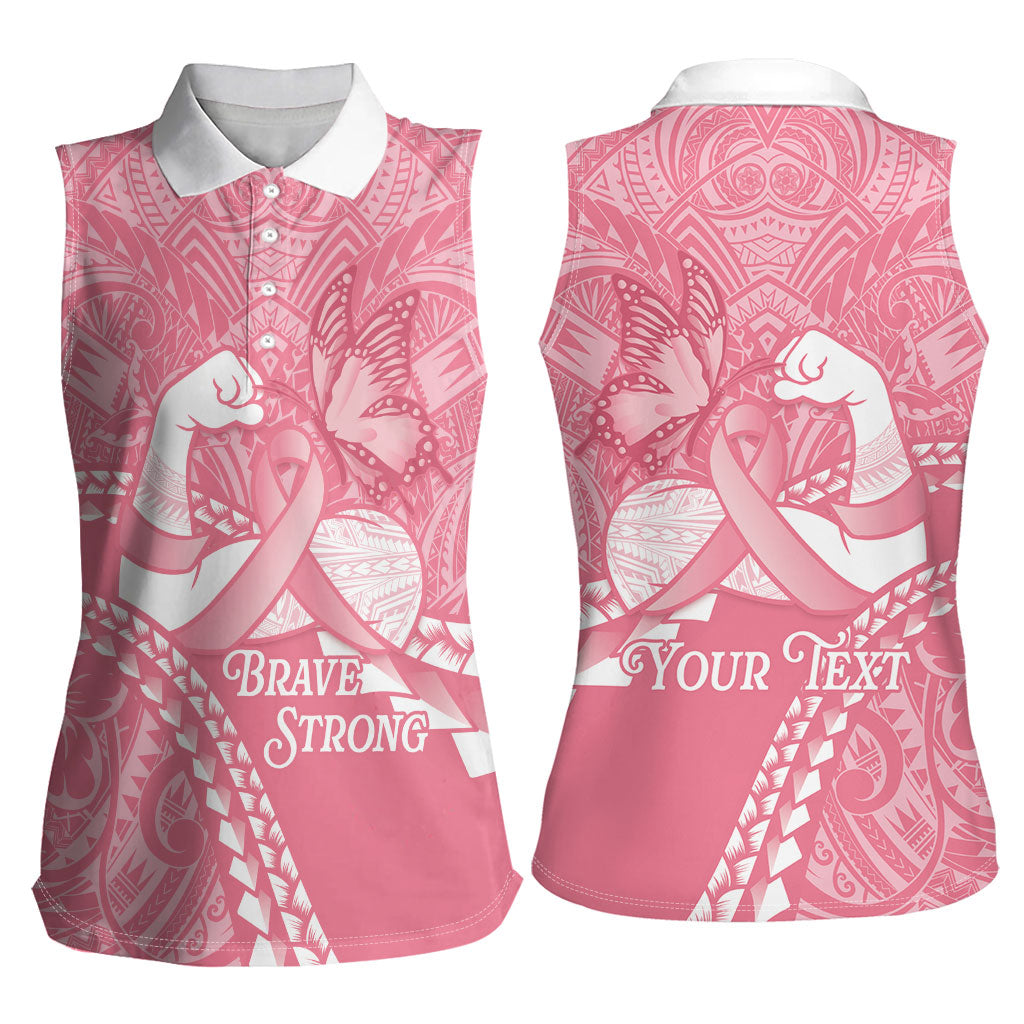 Personalised Polynesia Breast Cancer Support Women Sleeveless Polo Shirt Brave Strong Butterfly Pink Ribbon