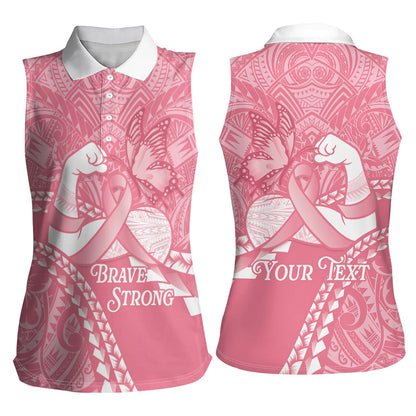Personalised Polynesia Breast Cancer Support Women Sleeveless Polo Shirt Brave Strong Butterfly Pink Ribbon