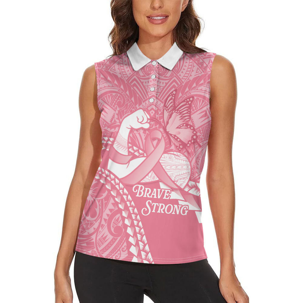 Personalised Polynesia Breast Cancer Support Women Sleeveless Polo Shirt Brave Strong Butterfly Pink Ribbon