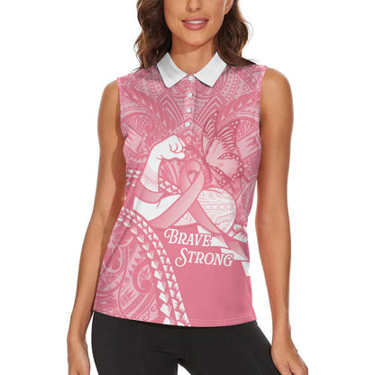 Personalised Polynesia Breast Cancer Support Women Sleeveless Polo Shirt Brave Strong Butterfly Pink Ribbon