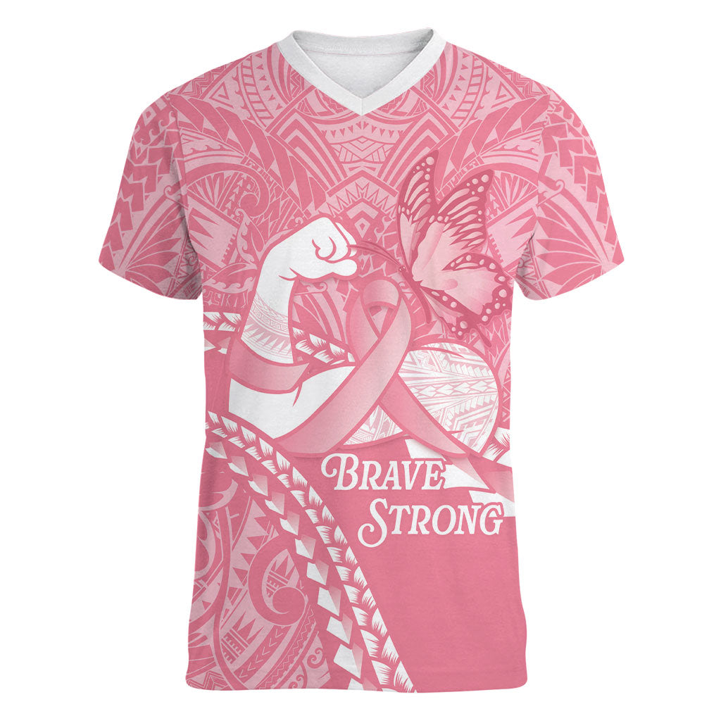 Personalised Polynesia Breast Cancer Support Women V-Neck T-Shirt Brave Strong Butterfly Pink Ribbon