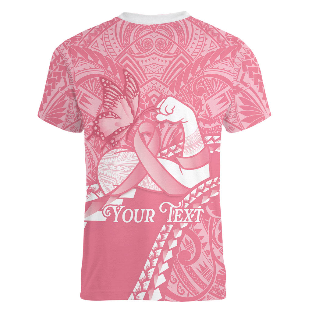 Personalised Polynesia Breast Cancer Support Women V-Neck T-Shirt Brave Strong Butterfly Pink Ribbon