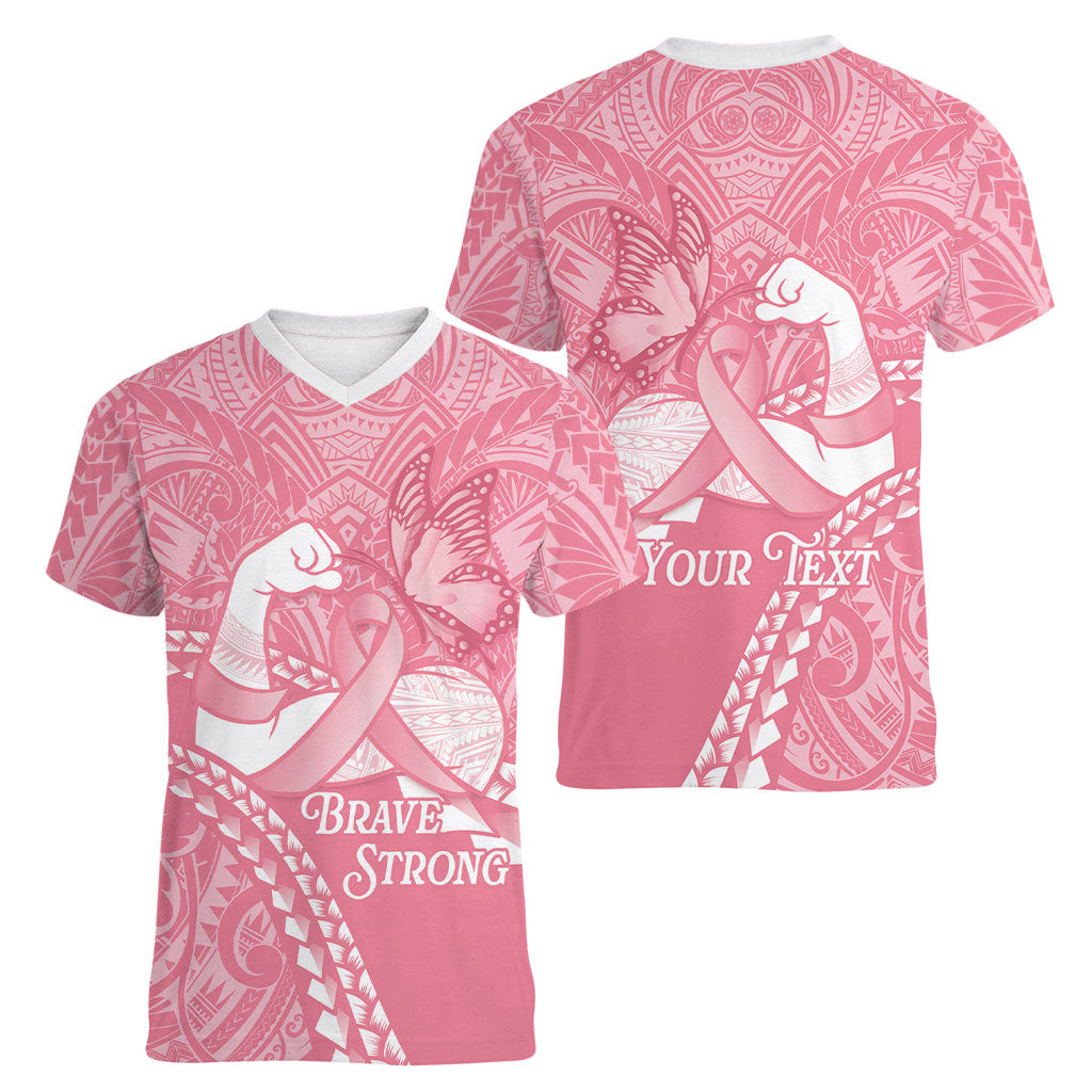 Personalised Polynesia Breast Cancer Support Women V-Neck T-Shirt Brave Strong Butterfly Pink Ribbon