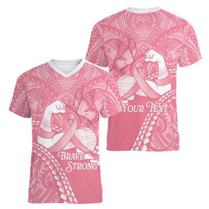 Personalised Polynesia Breast Cancer Support Women V-Neck T-Shirt Brave Strong Butterfly Pink Ribbon