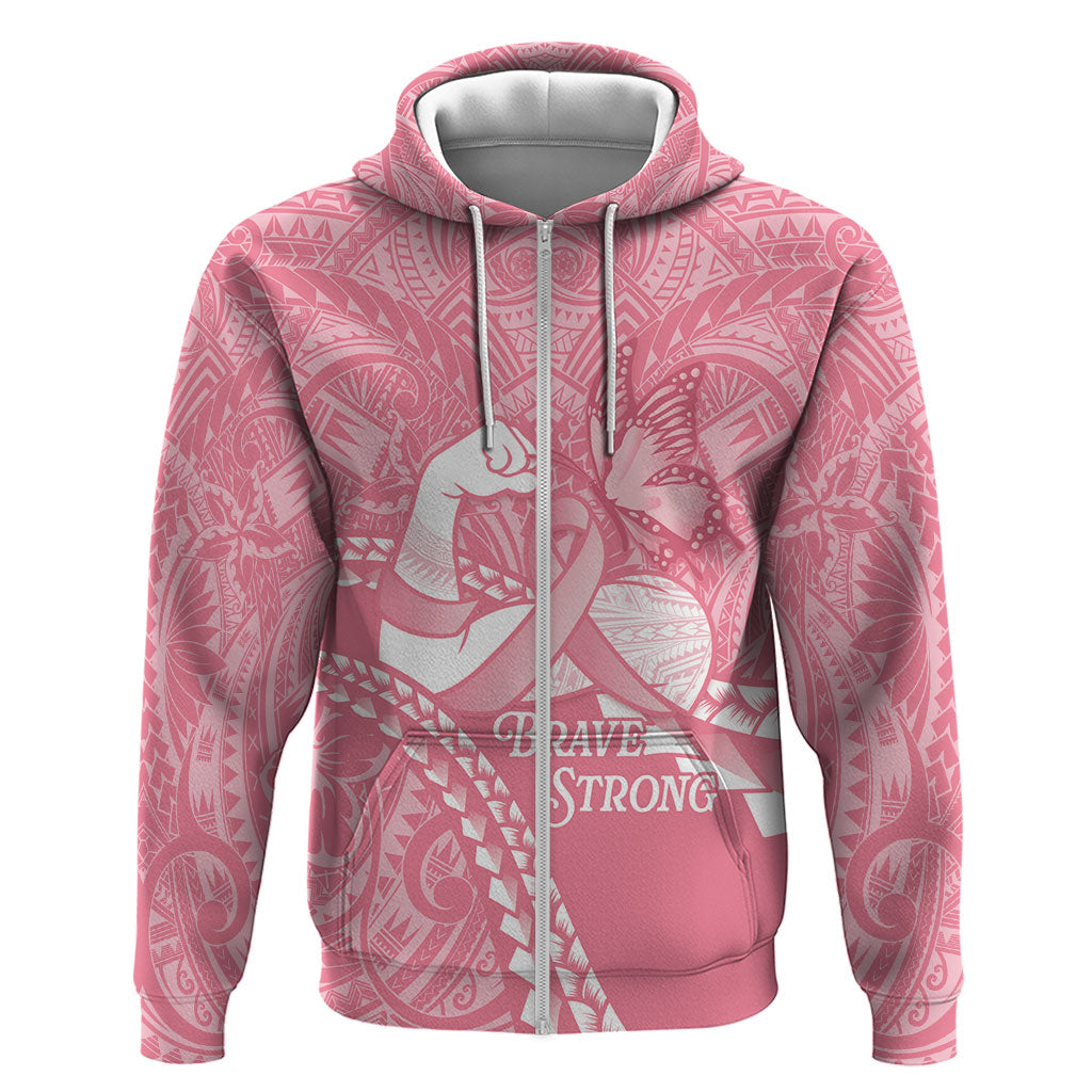 Personalised Polynesia Breast Cancer Support Zip Hoodie Brave Strong Butterfly Pink Ribbon