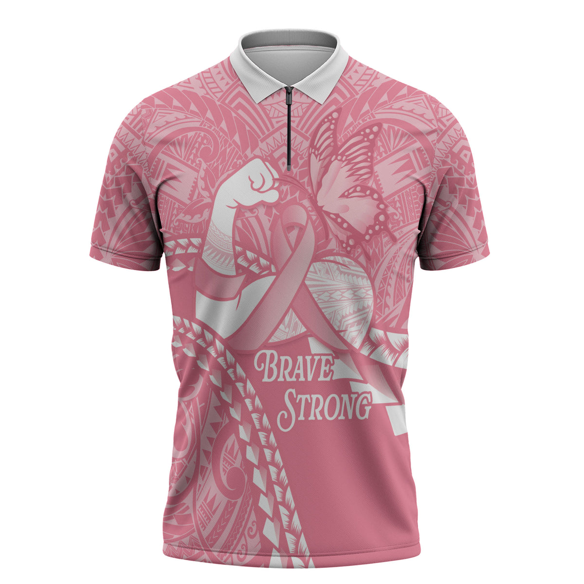 Personalised Polynesia Breast Cancer Support Zipper Polo Shirt Brave Strong Butterfly Pink Ribbon