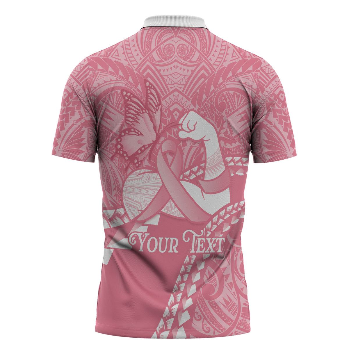 Personalised Polynesia Breast Cancer Support Zipper Polo Shirt Brave Strong Butterfly Pink Ribbon