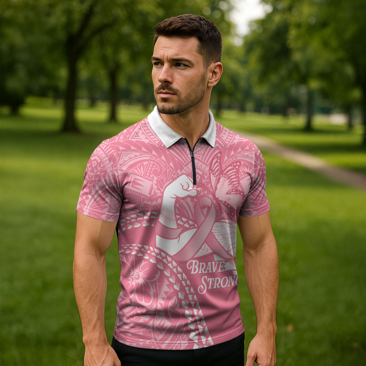 Personalised Polynesia Breast Cancer Support Zipper Polo Shirt Brave Strong Butterfly Pink Ribbon