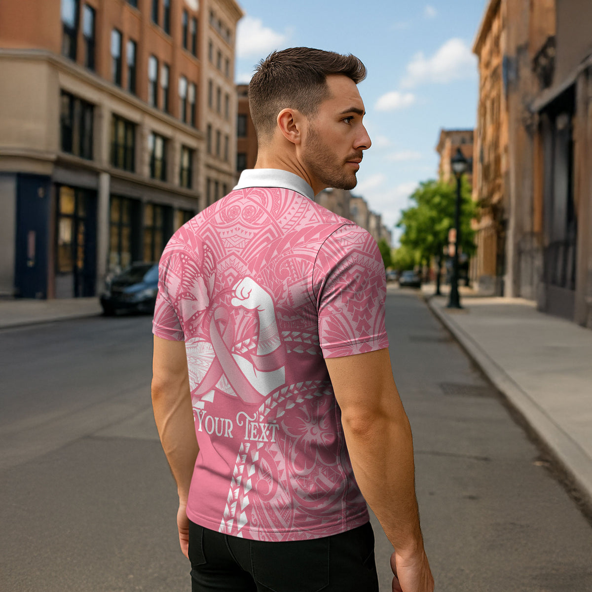 Personalised Polynesia Breast Cancer Support Zipper Polo Shirt Brave Strong Butterfly Pink Ribbon