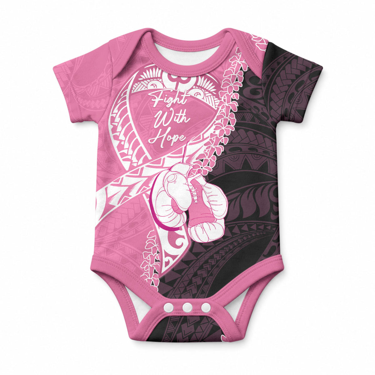 Personalised Polynesia Breast Cancer Support Baby Onesie Fight With Hope Pink Ribbon Boxing Gloves