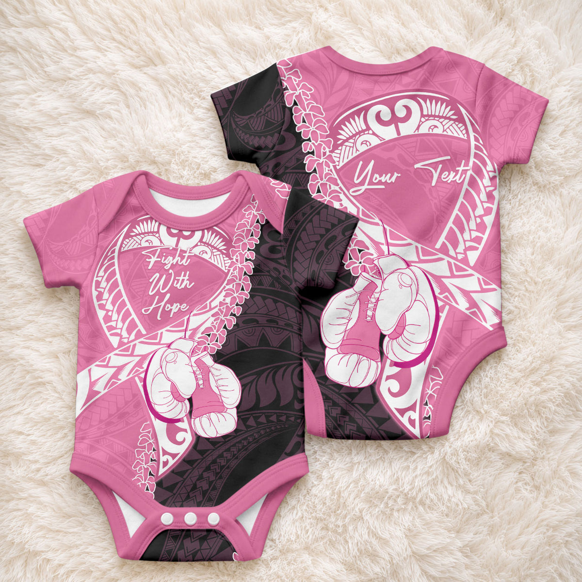 Personalised Polynesia Breast Cancer Support Baby Onesie Fight With Hope Pink Ribbon Boxing Gloves