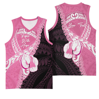 Personalised Polynesia Breast Cancer Support Basketball Jersey Fight With Hope Pink Ribbon Boxing Gloves