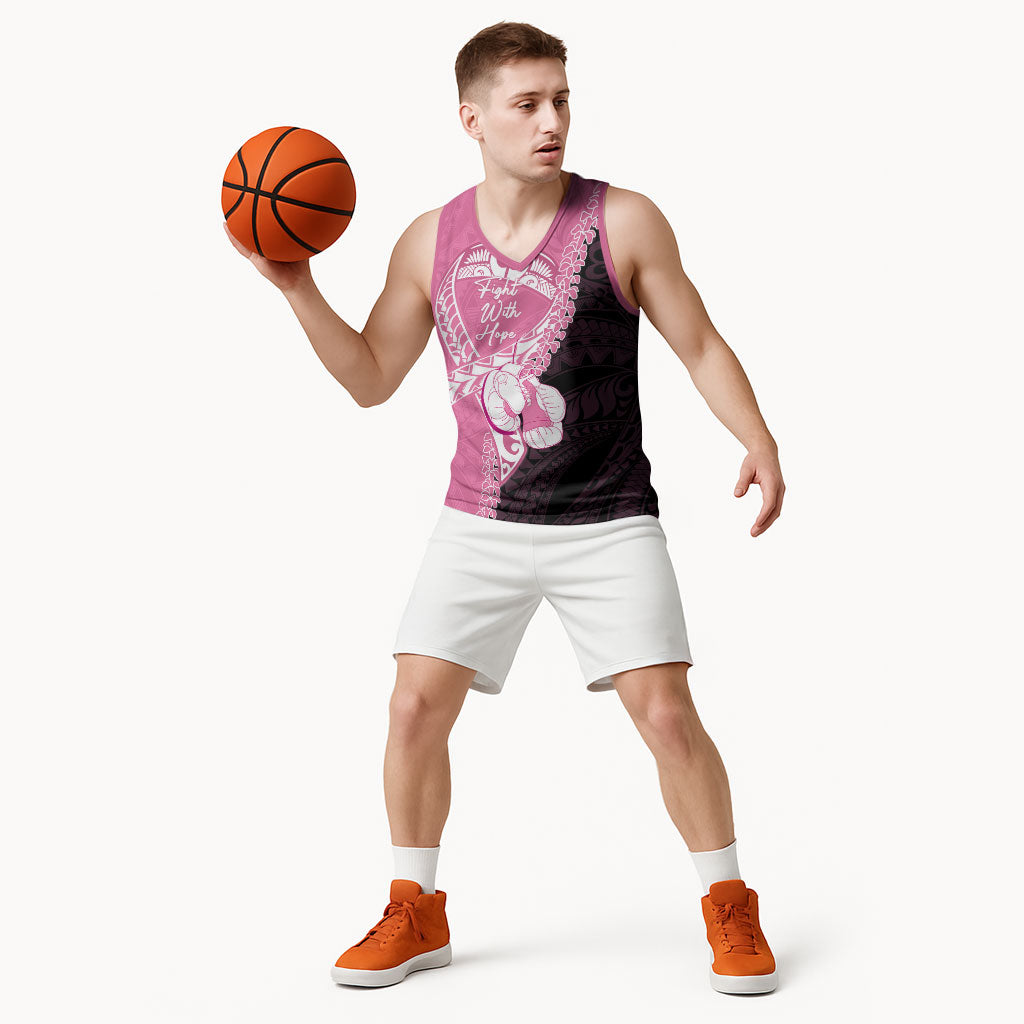 Personalised Polynesia Breast Cancer Support Basketball Jersey Fight With Hope Pink Ribbon Boxing Gloves