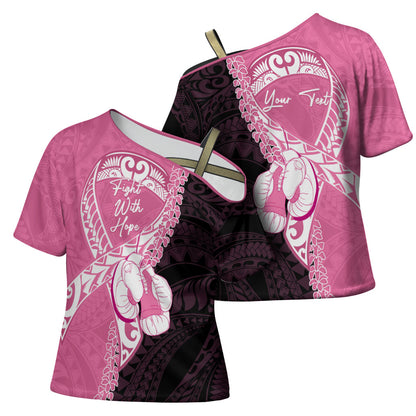Personalised Polynesia Breast Cancer Support Cross Shoulder Shirt Fight With Hope Pink Ribbon Boxing Gloves