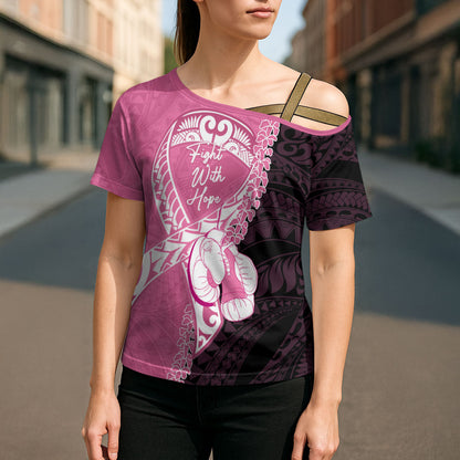 Personalised Polynesia Breast Cancer Support Cross Shoulder Shirt Fight With Hope Pink Ribbon Boxing Gloves