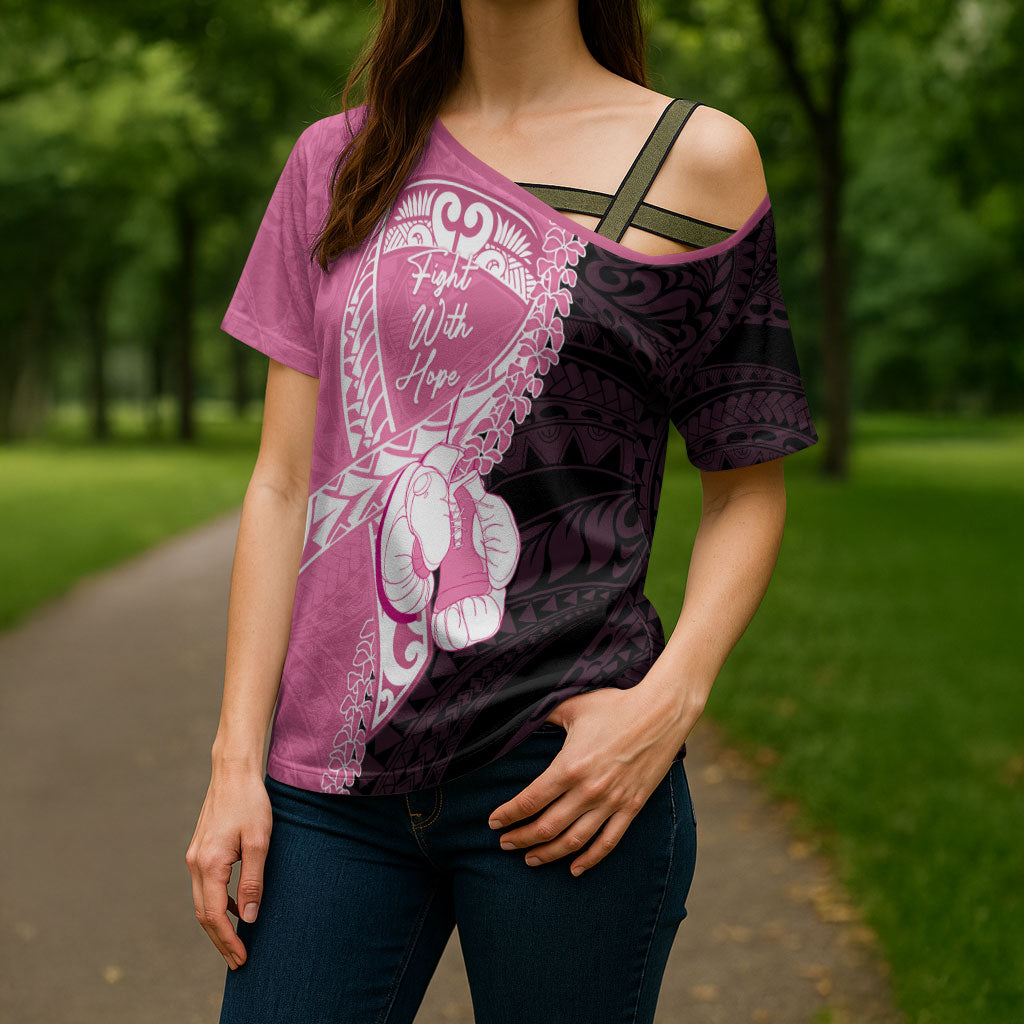 Personalised Polynesia Breast Cancer Support Cross Shoulder Shirt Fight With Hope Pink Ribbon Boxing Gloves