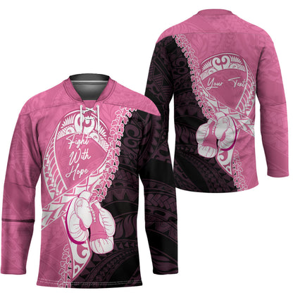 Personalised Polynesia Breast Cancer Support Hockey Jersey Fight With Hope Pink Ribbon Boxing Gloves