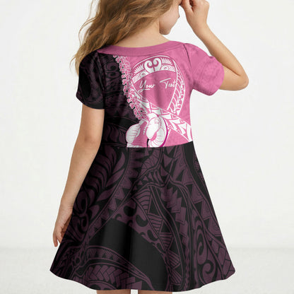 Personalised Polynesia Breast Cancer Support Kid Short Sleeve Dress Fight With Hope Pink Ribbon Boxing Gloves