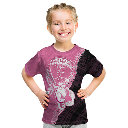 Personalised Polynesia Breast Cancer Support Kid T Shirt Fight With Hope Pink Ribbon Boxing Gloves