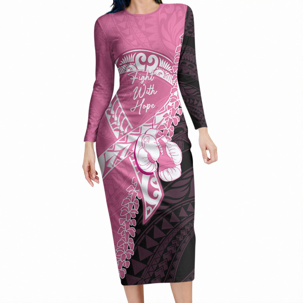 Personalised Polynesia Breast Cancer Support Long Sleeve Bodycon Dress Fight With Hope Pink Ribbon Boxing Gloves