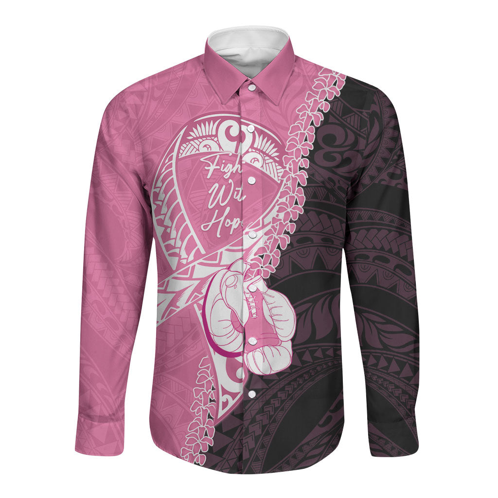 Personalised Polynesia Breast Cancer Support Long Sleeve Button Shirt Fight With Hope Pink Ribbon Boxing Gloves
