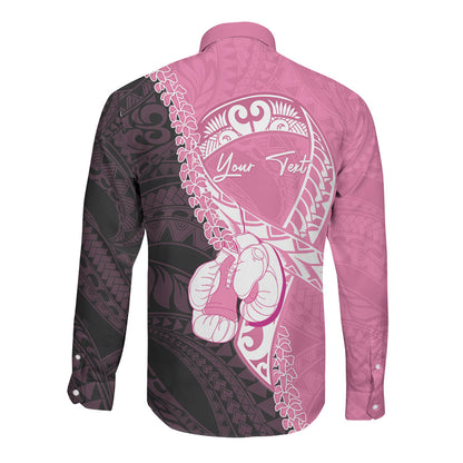 Personalised Polynesia Breast Cancer Support Long Sleeve Button Shirt Fight With Hope Pink Ribbon Boxing Gloves