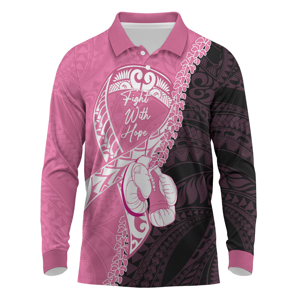 Personalised Polynesia Breast Cancer Support Long Sleeve Polo Shirt Fight With Hope Pink Ribbon Boxing Gloves